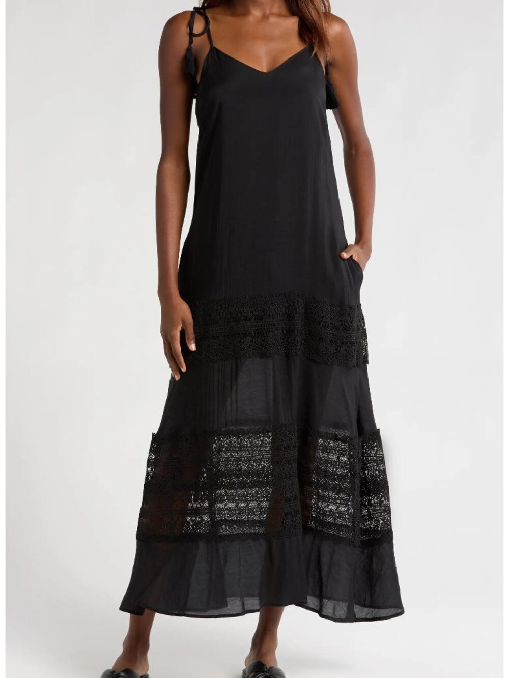 Women's Small Black Elan Spaghetti Strap Crocheted Tiered Maxi Dress 50% off